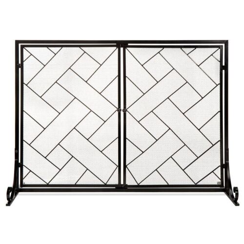 2-Panel Wrought Iron Geometric Fireplace Screen w/ Magnetic Doors - 44x33in - Lot 984