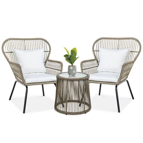 3-Piece Patio Wicker Conversation Bistro Set w/ 2 Chairs, Glass Top Table - Lot 51