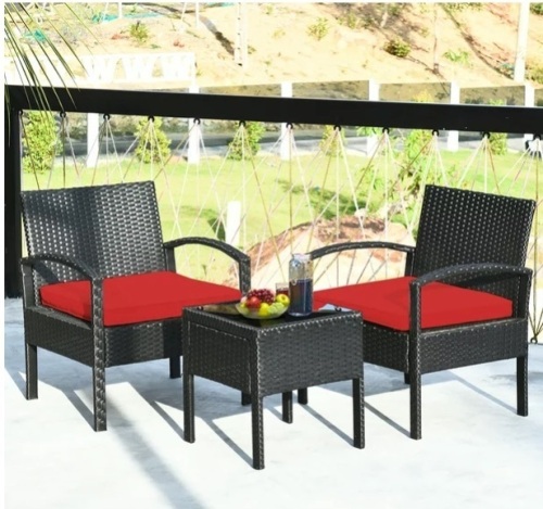 3PC Patio Rattan Furniture Set Table Conversation Sofa Cushioned Red, Appears New - Lot 166