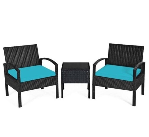 3-Piece Plastic Wicker Patio Conversation Set with CushionGuard Turquoise Cushions, Appears New, Retail $242.84 - Lot 171