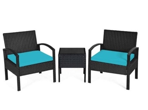 3-Piece Plastic Wicker Patio Conversation Set with CushionGuard Turquoise Cushions, Appears New, Retail $242.84 - Lot 172