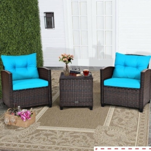 Costway 3PCS Patio Rattan Furniture Set Cushioned Conversation Set Sofa Turquoise, Box Damaged, Appears New, Retail $215.99 - Lot 194