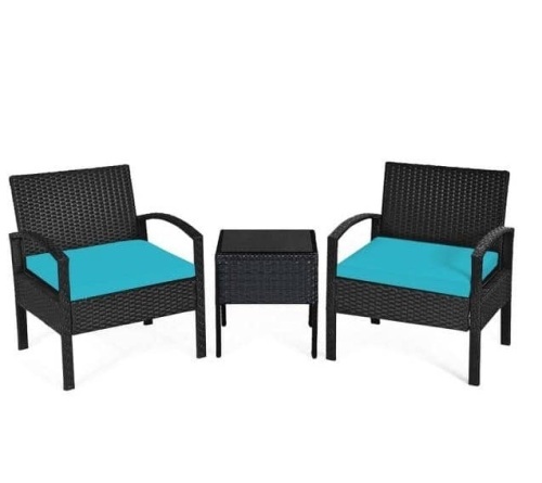 3-Piece Plastic Wicker Patio Conversation Set with CushionGuard Turquoise Cushions, Appears New, Retail $242.84 - Lot 200