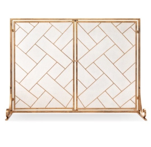 2-Panel Wrought Iron Geometric Fireplace Screen w/ Magnetic Doors - 44x33in, Appears New - Lot 543