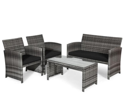 4-Piece Plastic Wicker Patio Conversation Set with Black Cushions, Appears New, Retail $358.30 - Lot 548
