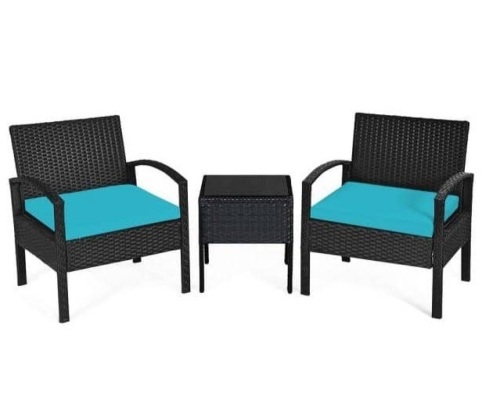 3-Piece Plastic Wicker Patio Conversation Set with CushionGuard Turquoise Cushions, Appears New, Retail $242.84 - Lot 988