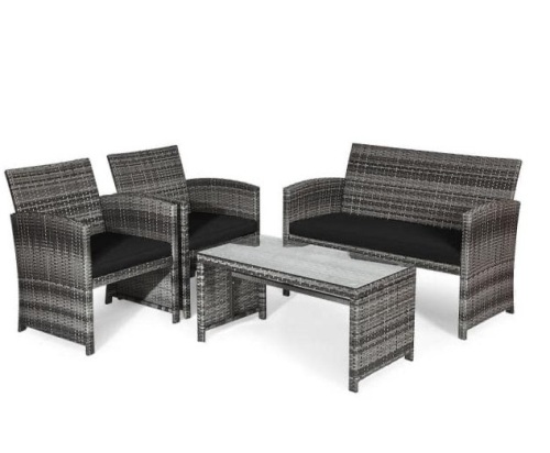 4-Piece Plastic Wicker Patio Conversation Set with Black Cushions, Appears New Retail $358.30 - Lot 750