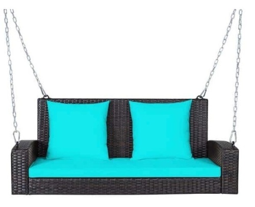 2-Person Patio Rattan Hanging Porch Swing Bench Chair Turquoise Cushion, Appears New - Lot 741