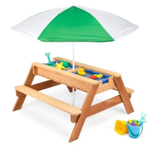 3-in-1 Kids Sand & Water Table Outdoor Wood Picnic Table w/ Umbrella, Appears New - Lot 984