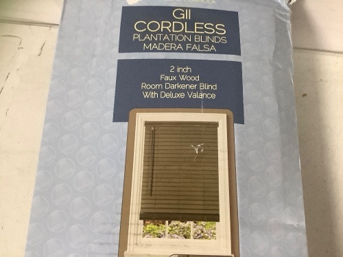 GII Cordless Plantation Blind, 2 Inch Faux Wood Room Darkener Blind,29 Inches Wide by 64 Inches Long, Grey, Appears New, Untested - Lot 259