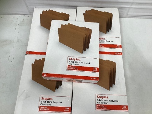 Lot of (5) Boxes Staples 3 Tab File Folders, Appears New - Lot 104