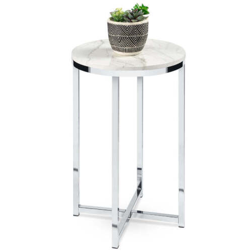 Round Coffee Side Table w/ Faux Marble Top, Metal Frame - 16in - Lot 2450