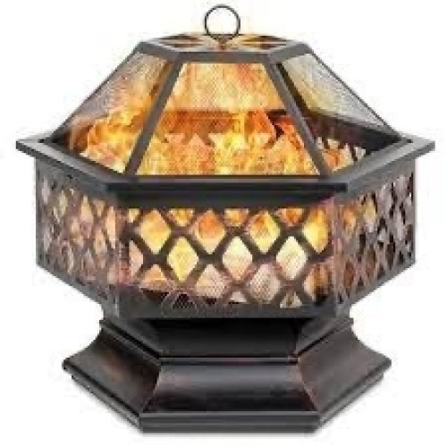 Hex-Shaped Outdoor Fire Pit w/ Flame-Retardant Lid - 24in - Lot 2530