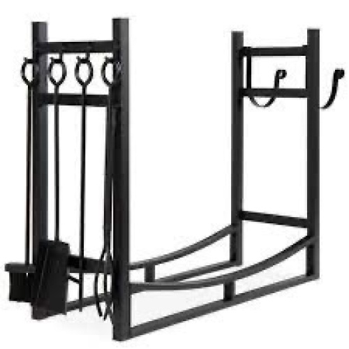 Steel Firewood Log Storage Rack & Tool Set w/ Kindling Holder - 34.25in - Lot 2585