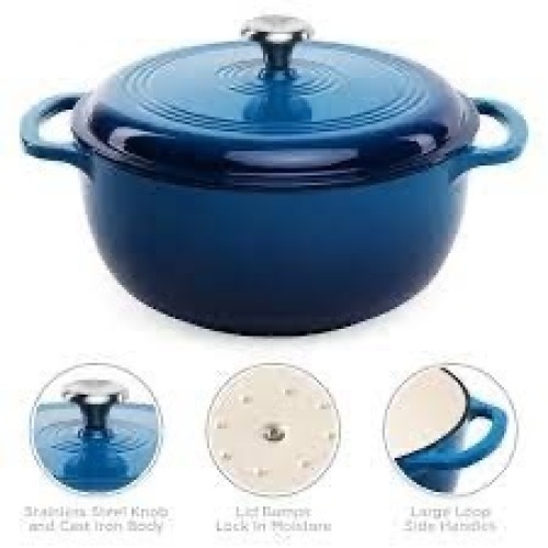 6qt Non-Stick Enamel Cast-Iron Dutch Oven Kitchen Cookware w/ Side Handles - Lot 2593