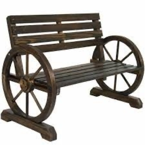 2-Person Rustic Wooden Wagon Wheel Bench w/ Slatted Seat and Backrest - Lot 2603