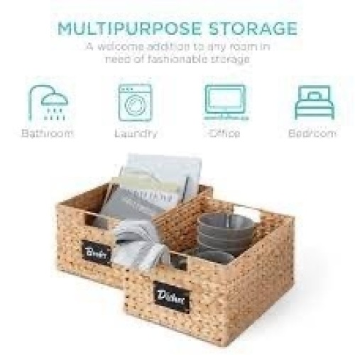 Set of 2 Water Hyancinth Pantry Baskets w/ Chalkboard, Marker - 16in - Lot 2623