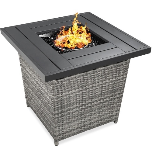 28in Fire Pit Table 50,000 BTU Wicker Propane w/ Faux Wood Tabletop, Cover - Lot 2651