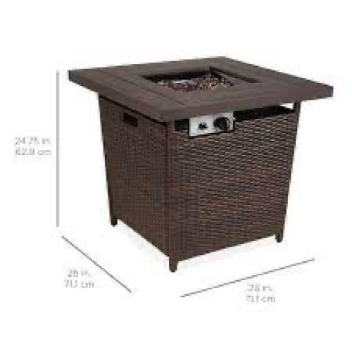 28in Fire Pit Table 50,000 BTU Wicker Propane w/ Faux Wood Tabletop, Cover - Lot 2655