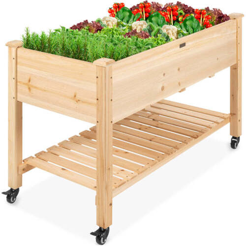 Mobile Raised Garden Bed Elevated Wood Planter w/ Wheels, Storage Shelf - Lot 2690