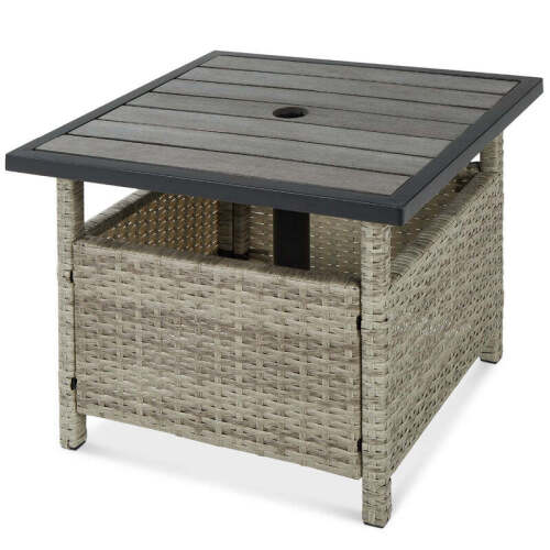 Outdoor Wicker Patio Side Table Accent Furniture w/ Umbrella Hole - Lot 2716