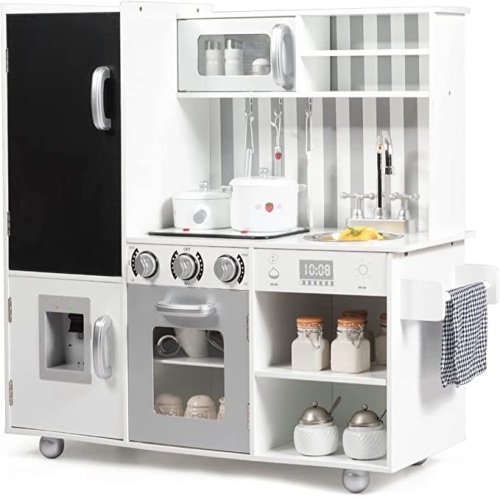 GLACER Kids Kitchen Playset, Wooden Play Kitchen w/ Lights, Sounds, Blackboard, Cookware Utensils, Stove, Sink, Microwave, Storage Cabinet,Pretend Cooking Food Set for Toddlers Boys Girls Ages 3+ , Like New , Retail - $159.99 - Lot 83