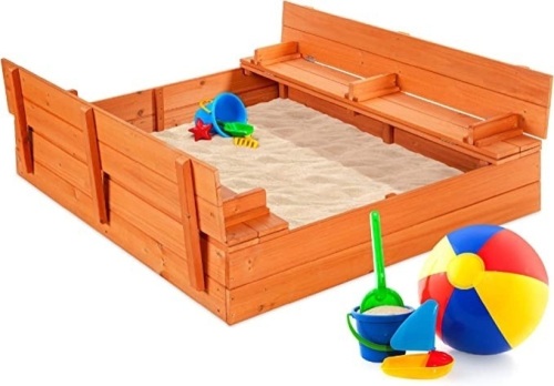 Best Choice Products 47×47in Kids Large WoodenSandbox for Backyard, Outdoor Play w/ Cedar Wood, 2Foldable Bench Seats, Sand Protection, Bottom LinerBrown, Like New, Retail - $119.99 - Lot 105