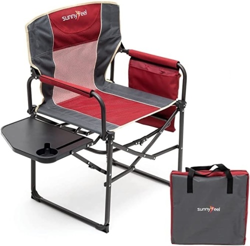 Sunnyfeel Camping Directors Chair, HeavyDuty,Oversized Portable Folding Chair with Side Table,Pocket for Beach, Fishing,Trip, Picnic, Lawn, ConcertOutdoor Foldable Camp Chairs, Like New, Retail - $69.95 - Lot 113