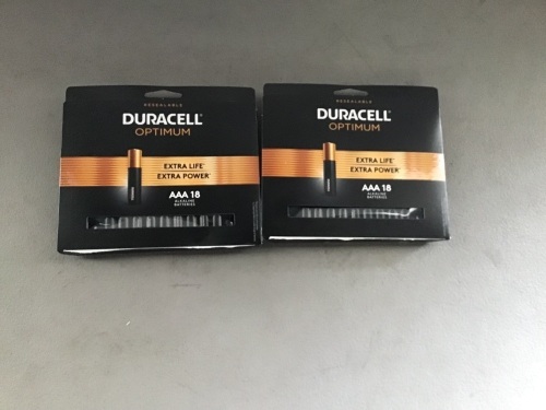 Duracell Optimum AAA Batteries | Lasting Power Triple ABattery | Alkaline AAA Battery Ideal for Household and OfficeDevices | Resealable Package for Storage, 18 Count, LOT of 2, New, Retail - $18.47 Each - Lot 119