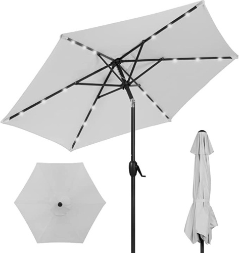 Best Choice Products, 7.5', Outdoor, Solr Market Patio Umbrella, W/Tilt, Crank, LED Lights, Fog Grey , Like New, Retail - $59.99 - Lot 152