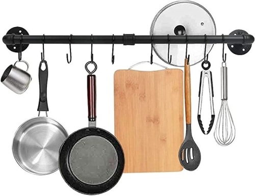 YOKEPO 31.5 Inch Black Pipe Pot Rack WallMounted, Pots and Pans Hanging Organizer, Pot LidUtensil Holder, Coffee Mug Rack, Cup Hanger Bar forkitchen with Detachable S Hooks, Like New, Retail - $23.99 - Lot 167