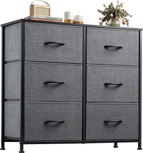 WLIVE Fabric Dresser for Bedroom, 6 Drawer Double Dresser, StorageTower with Fabric Bins, Chest of Drawers for Closet. Living Room,Hallway, Nursery, Dark Grey, Like New Retail - $74.99 - Lot 191
