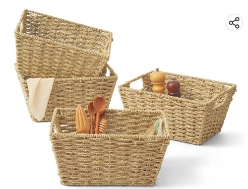 Artera Medium Wicker Storage Baskets - Woven Seagrass Basketfor Organizing, Stackable Natural Storage Bins with Handles forLaundry Room, Bathroom, Pantry, Closet. Shelf. 12"x9"x6". Pack 4, Like New, Retail - $45.99 - Lot 209