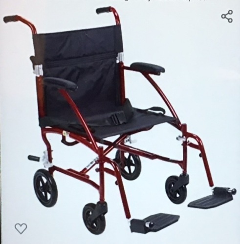 Drive Medical DFL19-RD Fly Lite Ultra Lightweight FoldingTransport Wheelchair with Swing-Away Footrests, Red, Like New, Retail - $262.69 - Lot 228