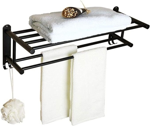 Alise Bathroom Towel Rack Towel Shelf with Two Towel Bars andDouble Towel Hooks Wall Mount Towel Holder SUS 304 Stainless SteelMatte Black GY6000-B, Like New, Retail - $48.99 - Lot 239