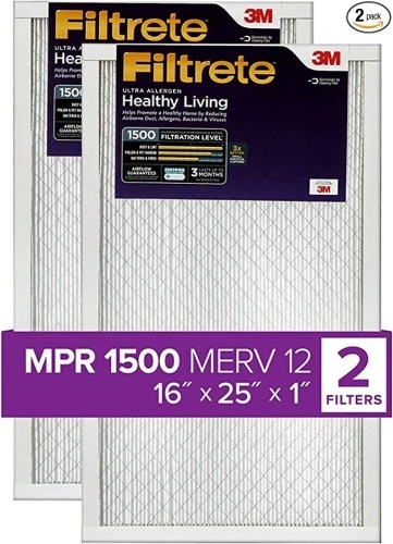 Filtrete 16x25x1, AC Furnace Air Filter, MPR 1500, Healthy LivingUltra Allergen, 2-Pack (exact dimensions 15.69 x 24.69 x 0.78), Like New, Retail - $31.49 - Lot 240