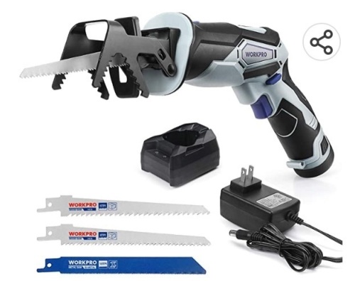 WORKPRO 12V Cordless Reciprocating Saw with Clamping Jaw, 2.0Ah Li-lon Battery with 1 Hour Fast Charger, Variable Speed andTool-Free Blade Change, 3 Saw Blades for Wood & Metal Cutting, Like New, Retail - $49.99 - Lot 259