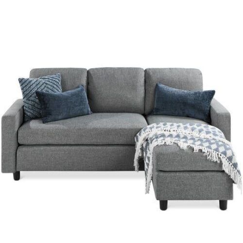 Linen Sectional Sofa Couch w/ Chaise Lounge, Reversible Ottoman Bench - Lot 67