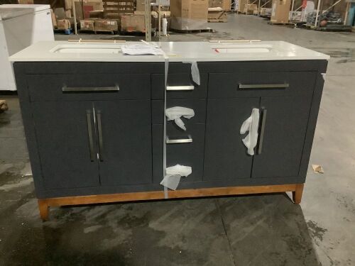 allen + roth  Wells 60-in Dark Gray with Walnut Base Undermount Double Sink Bathroom Vanity with White Engineered Stone Top - No Backsplash - Lot 100