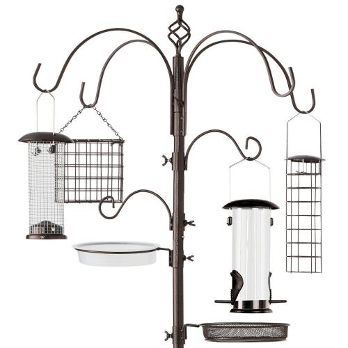 Bird Feeding Station, 6-Hook Steel Multi-Feeder Stand w/ 4 Feeders - 89in - Lot 527