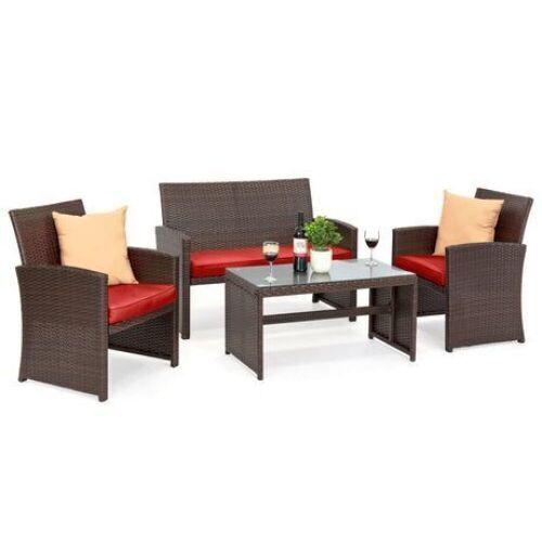 4-Piece Outdoor Wicker Conversation Patio Set w/ 4 Seats, Glass Table Top - Lot 1180