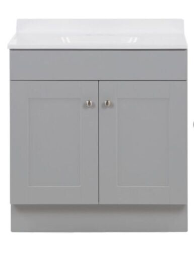 Project Source 30-in Gray Single Sink Bathroom Vanity with White Cultured Marble Top - Cabinet is Cracked - Lot 1191