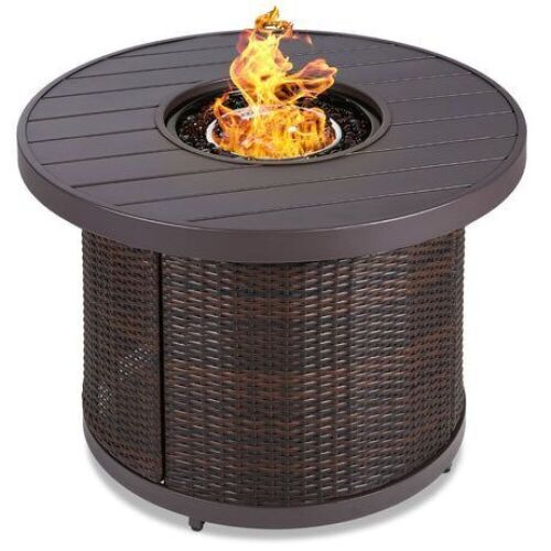 Round Fire Pit Table, 50,000 BTU Outdoor Wicker Firepit w/ Cover - 32in - Lot 31