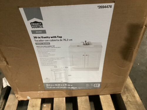 Project Source 30-in White Single Sink Bathroom Vanity with White Cultured Marble Top - Top is Good, Cabinet Needs Work - Lot 1072