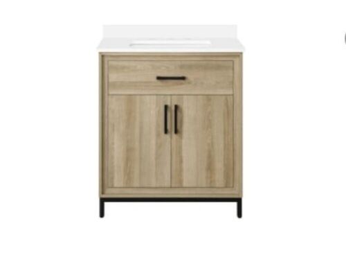 Style Selections Sancroft 30-in Oak Undermount Single Sink Bathroom Vanity with White Engineered Stone Top - Top is Good, Cabinet Needs Repair - Lot 1098