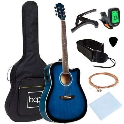 41in Beginner Acoustic Electric Cutaway Guitar Set w/ Case, Strap - Lot 1081