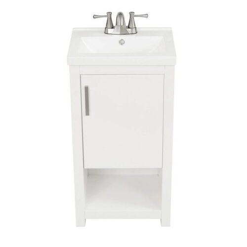 Style Selections Del Rose 18-in White Single Sink Bathroom Vanity with White Engineered Stone Top - Wood is Cracked on Back - Lot 1138