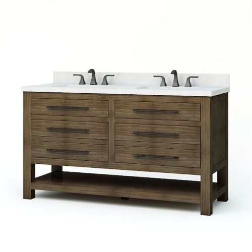 allen + roth  Kennilton 60-in Gray Oak Undermount Double Sink Bathroom Vanity with White Carrera Engineered Stone Top - Top Cracked in 2 Places & Small Scratches - Lot 1128