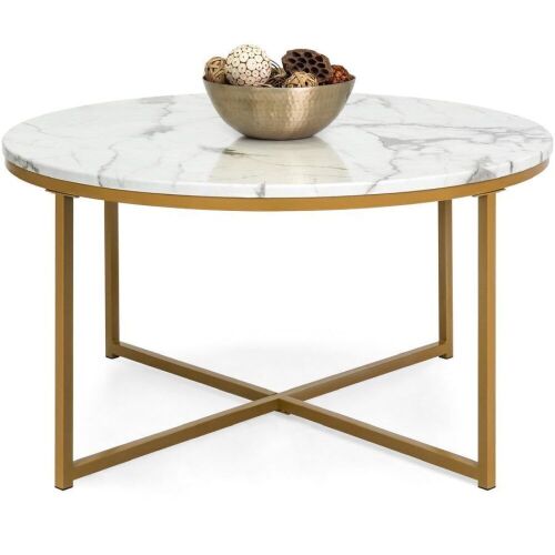 Round Coffee Table w/ Faux Marble Top, Metal Frame - 36in - Lot 787