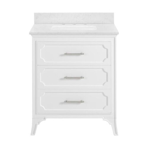 allen + roth  Helena 30-in White Undermount Single Sink Bathroom Vanity with Carrara Engineered Marble Top - Crack on Bottom of Sink  - Lot 1187